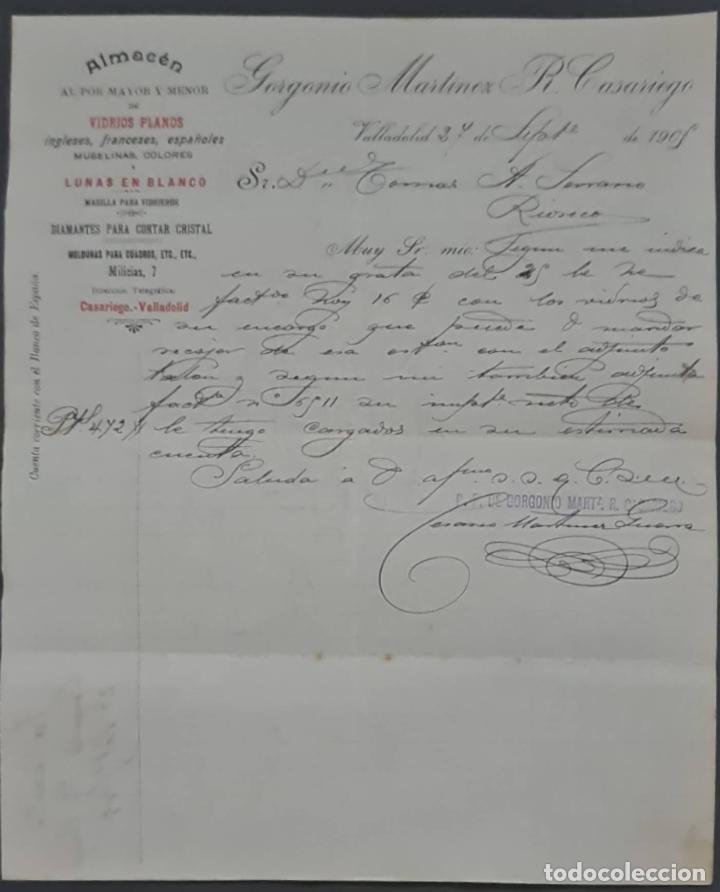 Cartas comerciais: Gorgonio Mart&iacute;nez R. Casariego. Almac&eacute;n al por mayor y menor de vidrios planos. Valladolid 1905