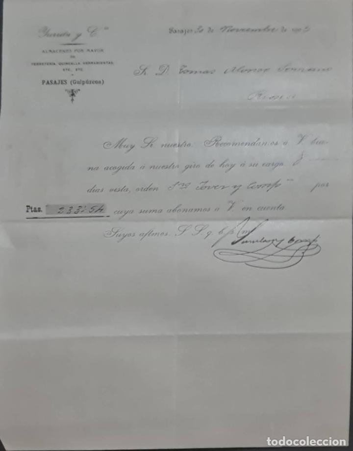 Cartas comerciais: Yurrita y C&iacute;a. Almacenes al por mayor de Ferreter&iacute;a, quincalla y herramientas. Pasajes. Espa&ntilde;a 1905