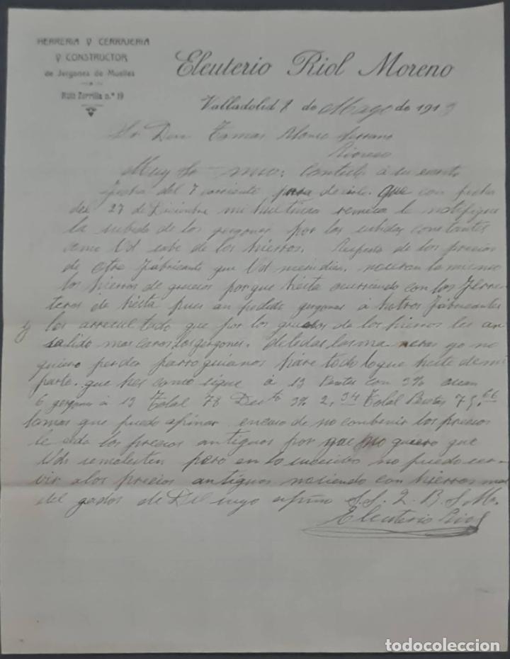 Cartas comerciais: Eleuterio Riol Moreno. Herrer&iacute;a y Cerrajer&iacute;a. Valladolid. Espa&ntilde;a 1913