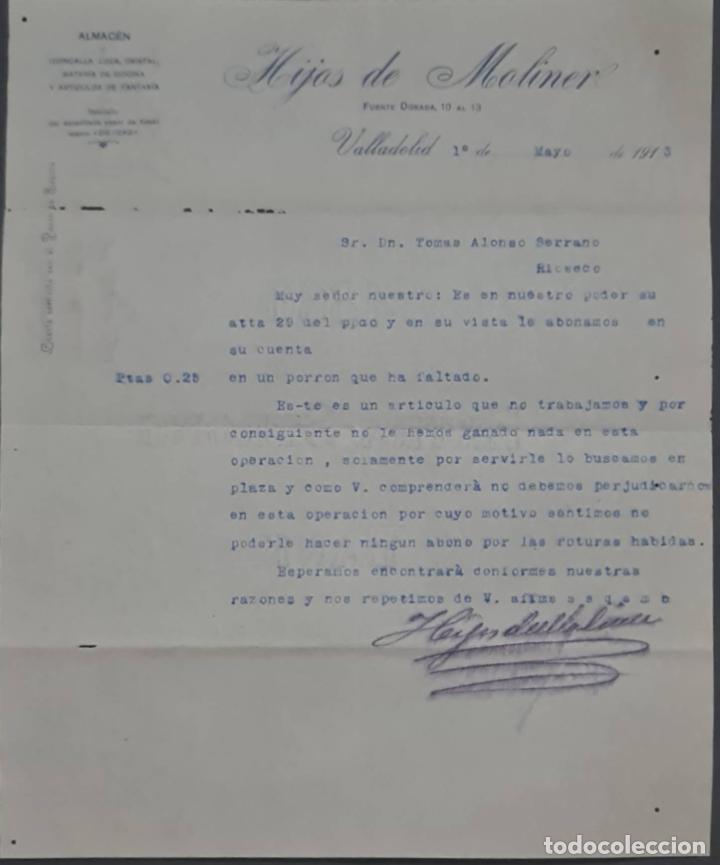Cartas comerciais: Hijos de Moliner. Almac&eacute;n de quincalla, loza y cristal. Valladolid. Espa&ntilde;a 1913