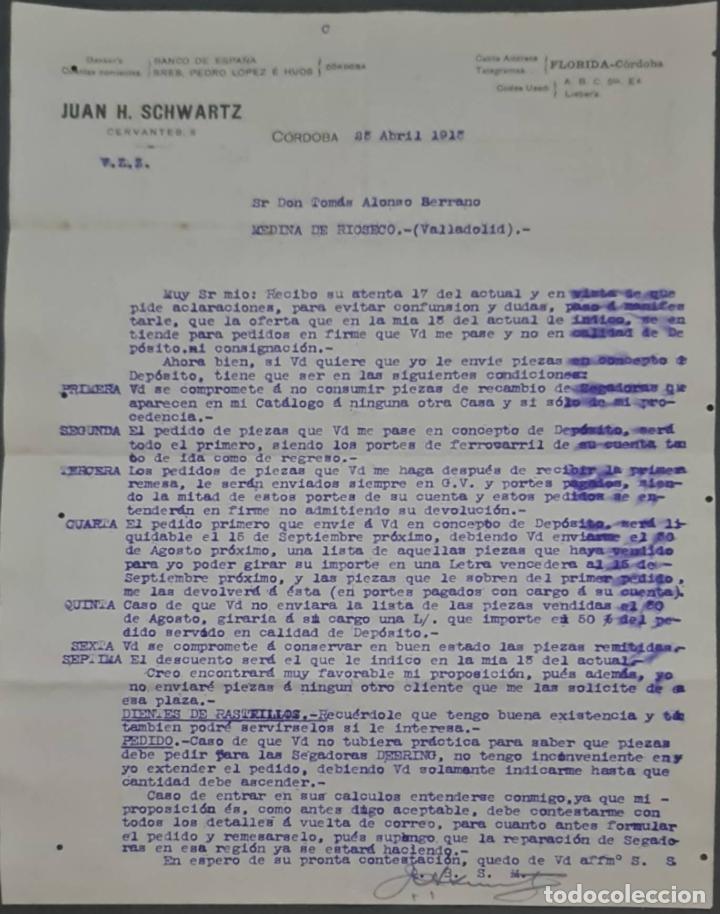 Cartas comerciais: Juan H. Schwartz. M&aacute;quinas agr&iacute;colas y piezas de recambio. C&oacute;rdoba. Espa&ntilde;a 1913
