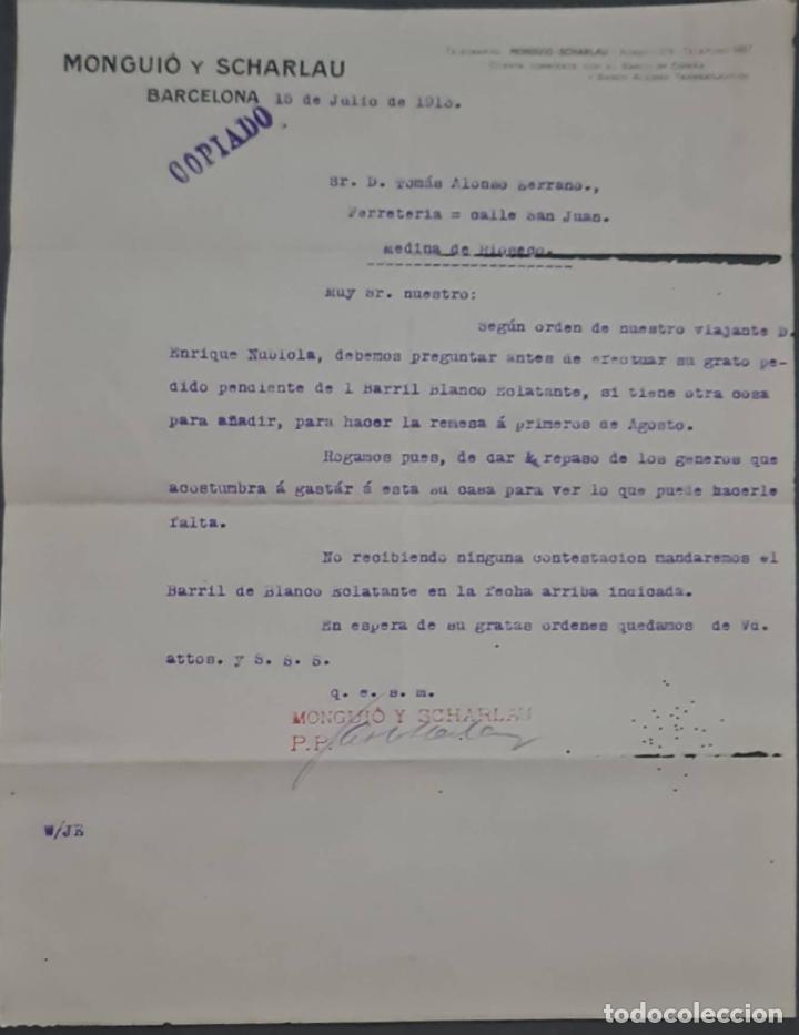 Cartas comerciais: Mongui&oacute; y Scharlau. Barnices para litograf&iacute;a. Barcelona. Espa&ntilde;a 1913