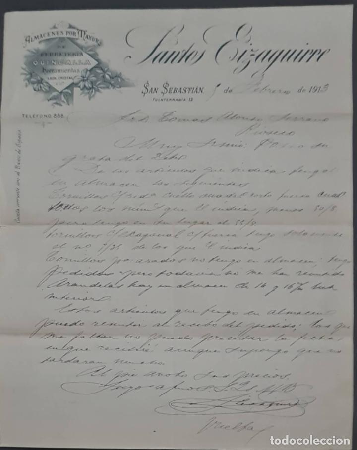 Cartas comerciais: Santos Eizaguirre. Ferreter&iacute;a y Herramientas. San Sebasti&aacute;n. Espa&ntilde;a 1913