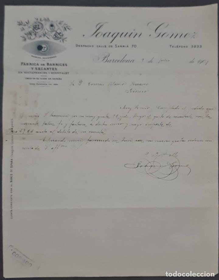 Cartas comerciais: Joaquin Gomez. F&aacute;brica de barnices y secantes. Barcelona. Espa&ntilde;a 1907