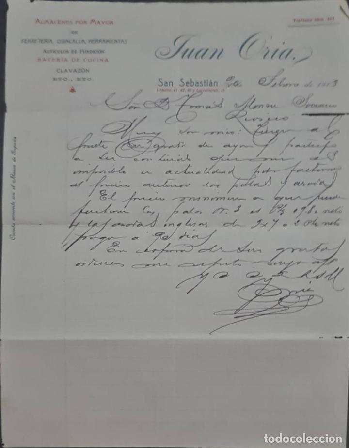 Cartas comerciais: Juan Oria. Almac&eacute;n por mayor de Ferreter&iacute;a, Quincalla y Herramientas. San Sebasti&aacute;n. Espa&ntilde;a 1913