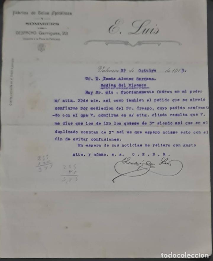 Cartas comerciais: E. Luis. F&aacute;brica de telas Met&aacute;licas y Somiers. Valencia. Espa&ntilde;a 1913