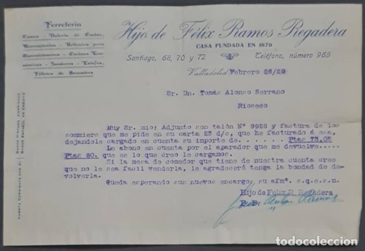 Cartas comerciais: Hijo de F&eacute;lix R. Regadera. Ferreter&iacute;a. Valladolid. Espa&ntilde;a 1929