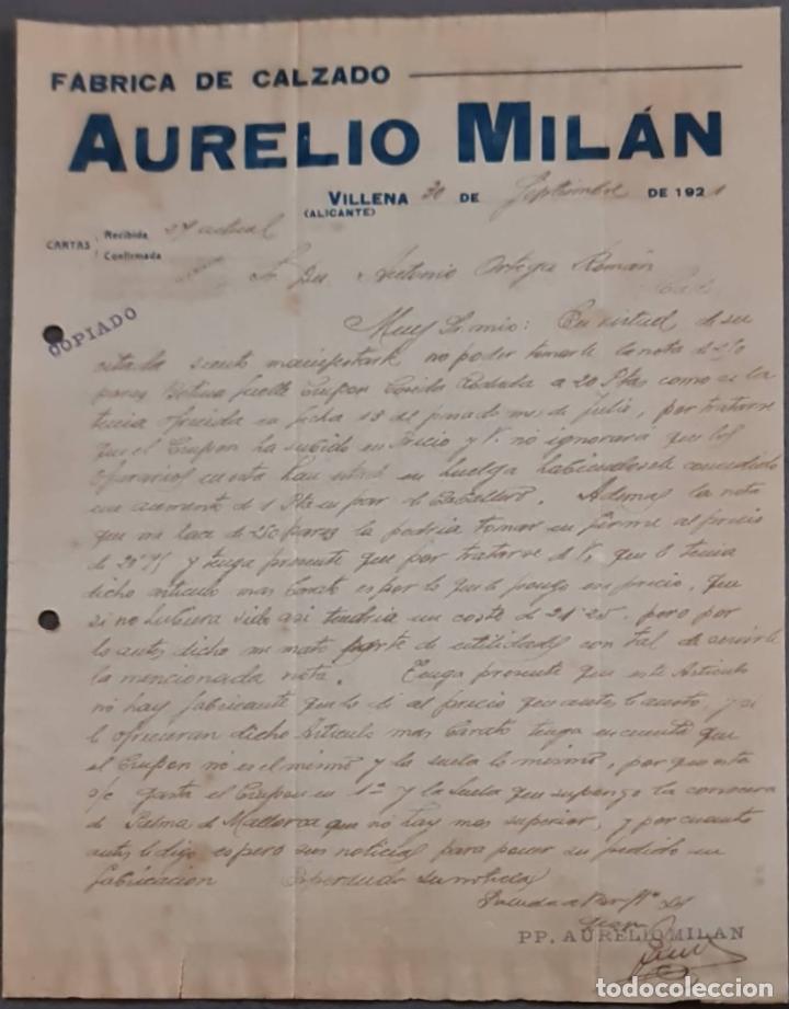 Cartas comerciales: Aurelio Mil&aacute;n. F&aacute;brica de calzado. Villena. Alicante. Espa&ntilde;a 1921