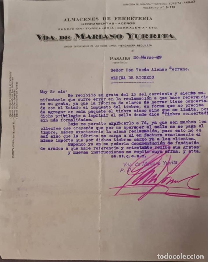 Cartas comerciales: Vda. de Mariano Yurrita. Almacenes de Ferreter&iacute;a. Pasajes. Guip&uacute;zcoa. Espa&ntilde;a 1929