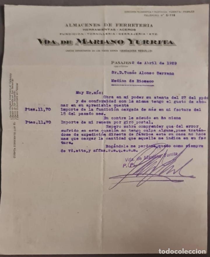Cartas comerciales: Vda. de Mariano Yurrita. Almacenes de Ferreter&iacute;a. Pasajes. Guip&uacute;zcoa. Espa&ntilde;a 1929