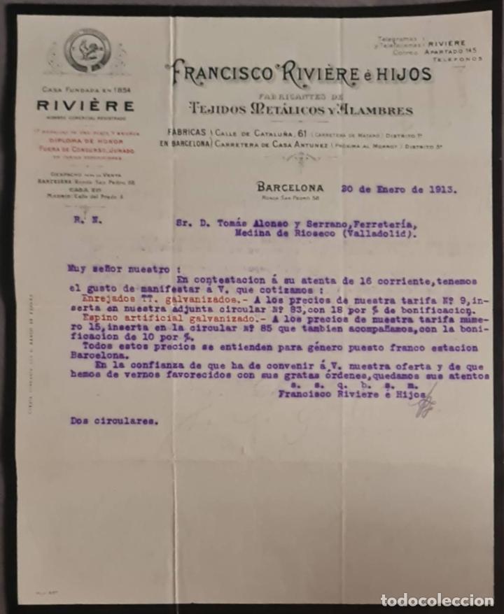Cartas comerciales: Franc&iacute;sco Rivi&eacute;re &eacute; Hijos. Tejidos met&aacute;licos y alambres. Barcelona. Espa&ntilde;a 1913