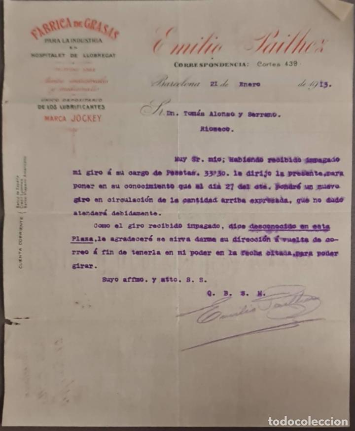 Cartas comerciales: Emilio Pailhez. F&aacute;brica de grasas para la Industria. Barcelona. Espa&ntilde;a 1913