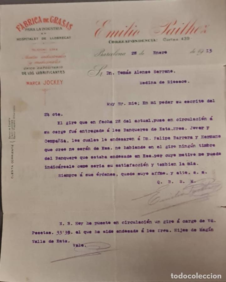 Cartas comerciales: Emilio Pailhez. F&aacute;brica de grasas para la Industria. Barcelona. Espa&ntilde;a 1913