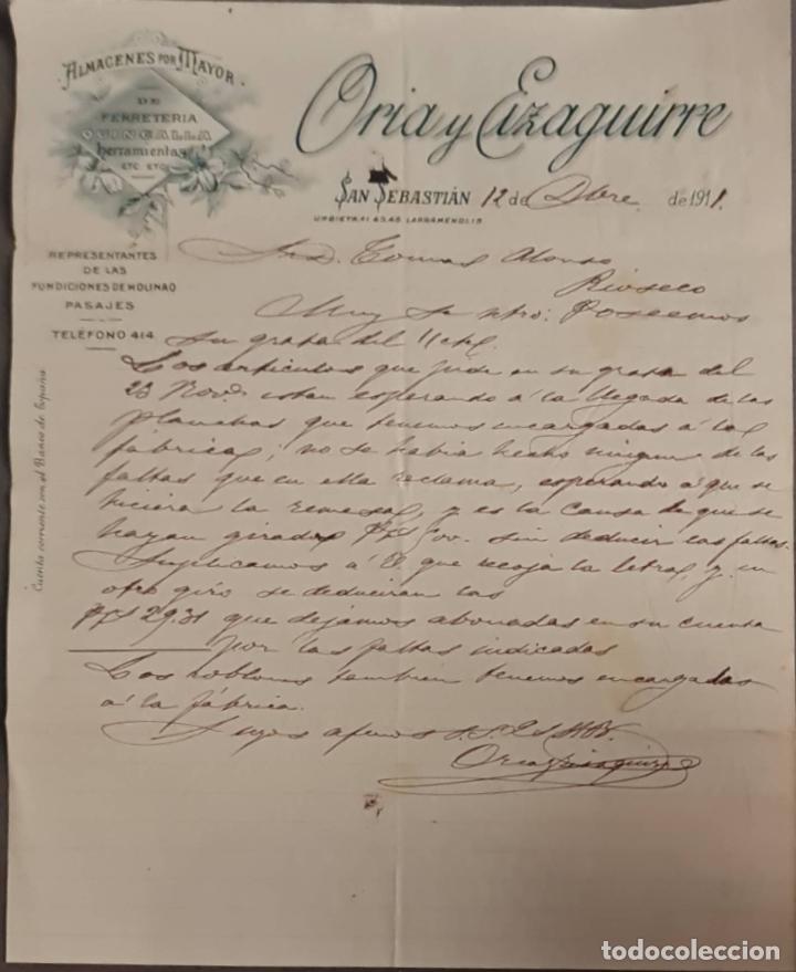 Cartas comerciales: Oria y Eizaguirre. Almacenes por Mayor. San Sebasti&aacute;n. Espa&ntilde;a 1911