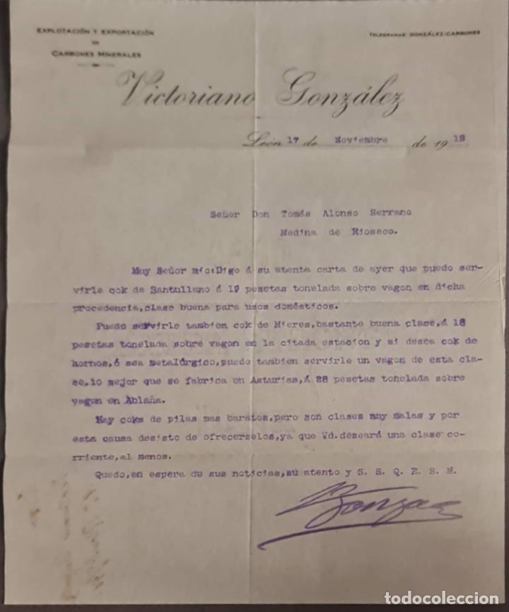 Cartas comerciales: Victoriano Gonz&aacute;lez. Explotaci&oacute;n y Exportaci&oacute;n de carbones minerales. Le&oacute;n. Espa&ntilde;a 1912