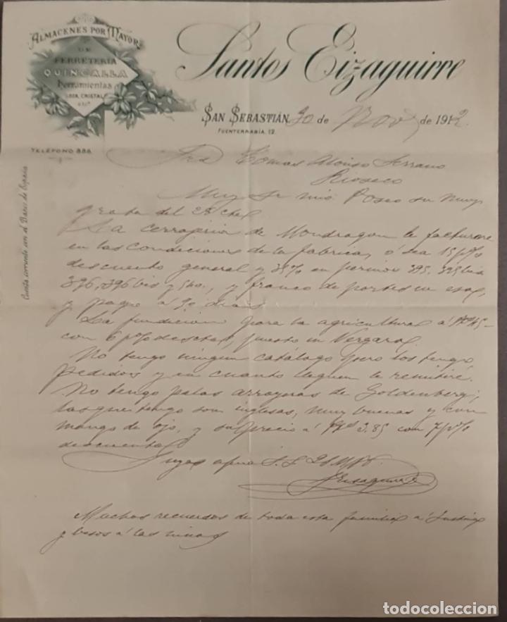 Cartas comerciales: Santos Eizaguirre. Ferreter&iacute;a y Herramientas. San Sebasti&aacute;n. Espa&ntilde;a 1912