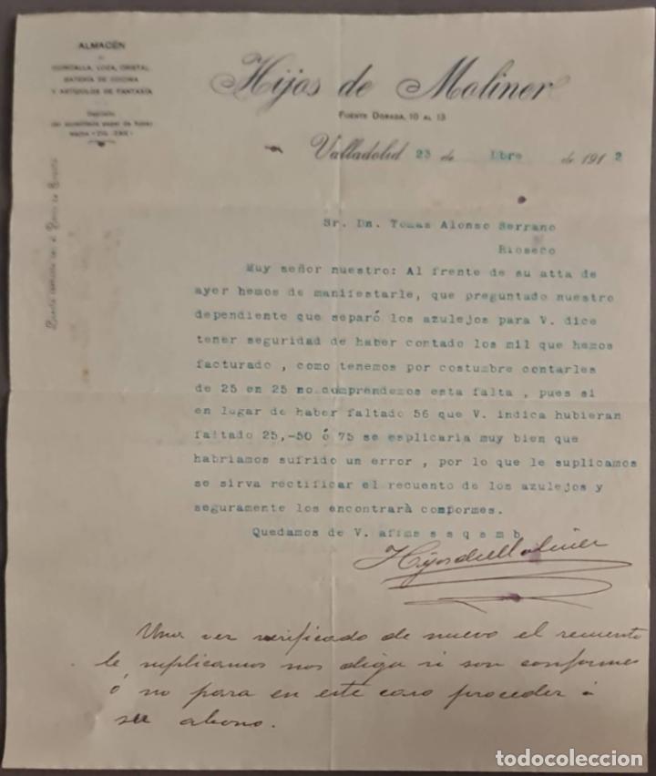 Cartas comerciales: Hijos de Moliner. Almac&eacute;n de quincalla, loza y cristal. Valladolid. Espa&ntilde;a 1912