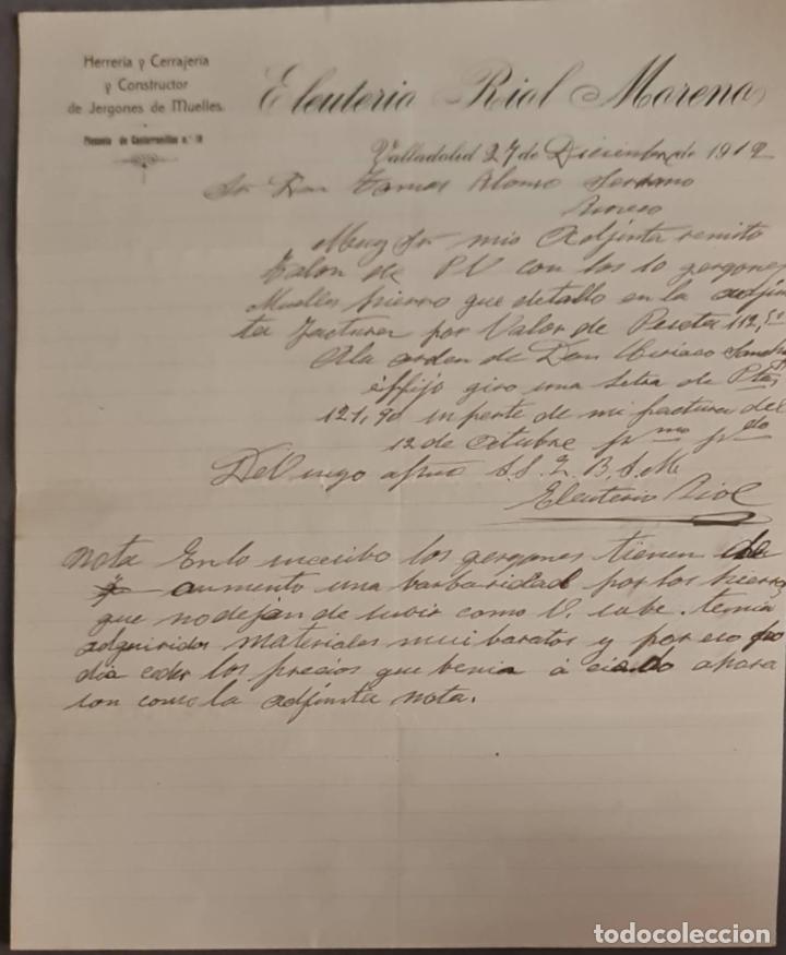 Cartas comerciales: Eleuterio Riol Moreno. Herrer&iacute;a y Cerrajer&iacute;a. Valladolid. Espa&ntilde;a 1912