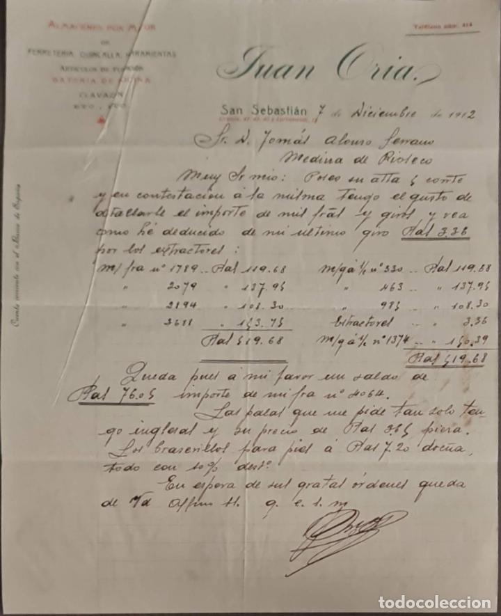 Cartas comerciales: Juan Oria. Almac&eacute;n por mayor de Ferreter&iacute;a, Quincalla y Herramientas. San Sebasti&aacute;n. Espa&ntilde;a 1912