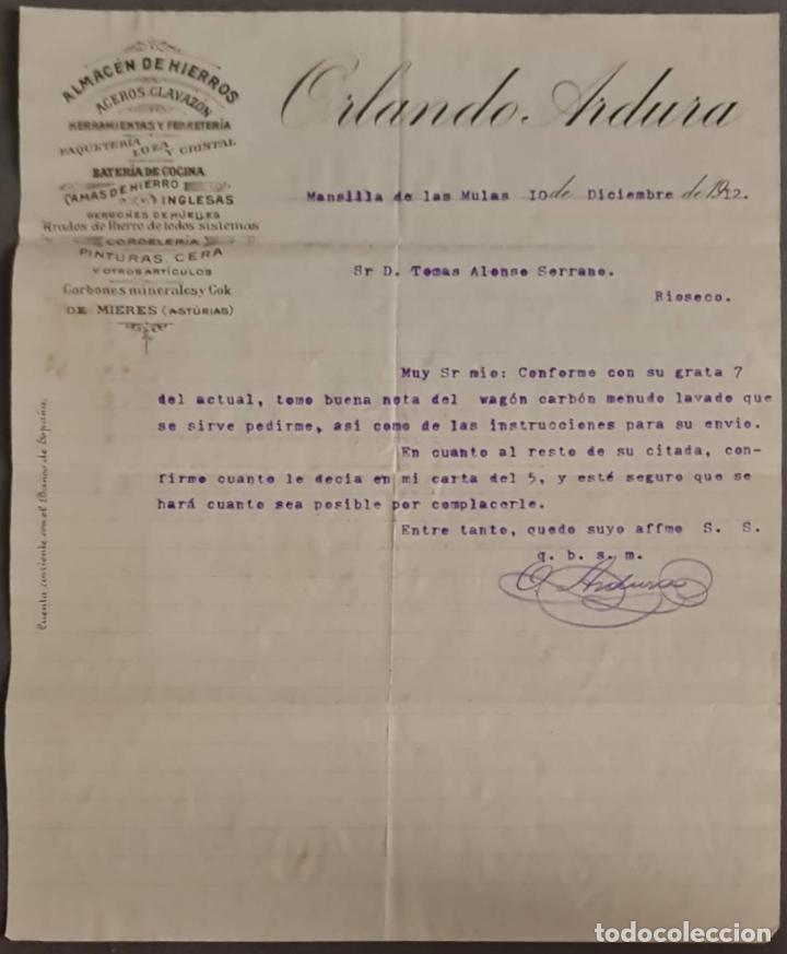 Cartas comerciales: Orlando Ardura. Almac&eacute;n de hierros. Herramientas y Ferreter&iacute;a. Le&oacute;n. Espa&ntilde;a 1912
