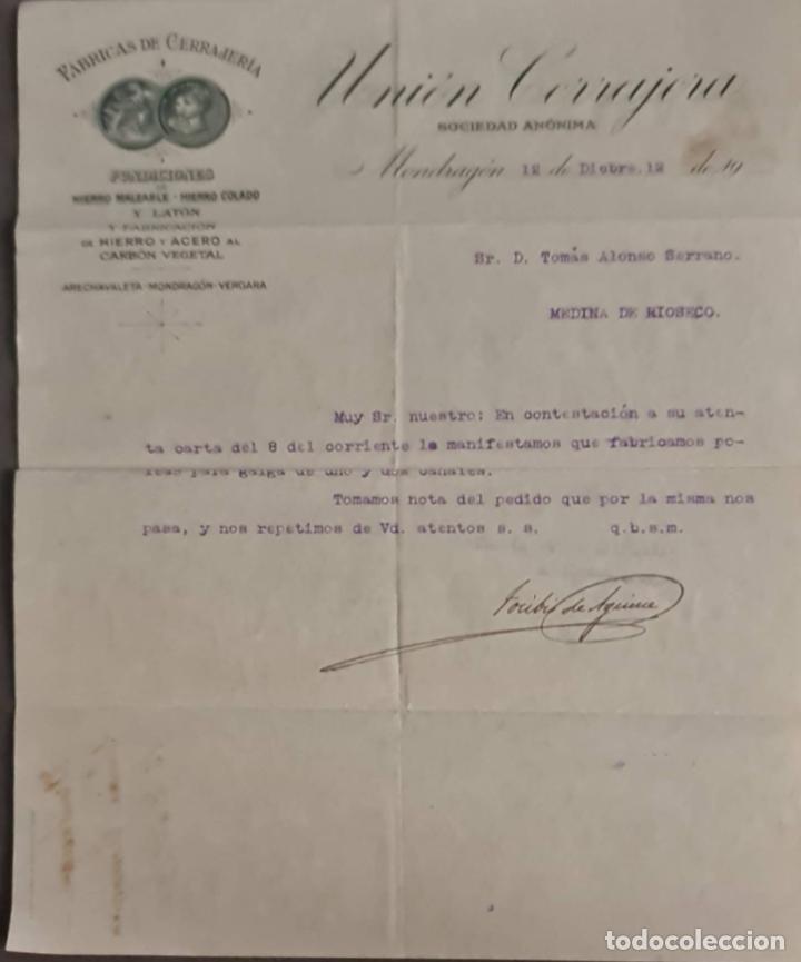 Cartas comerciales: Uni&oacute;n Cerrajera. Mondrag&oacute;n. Espa&ntilde;a 1912