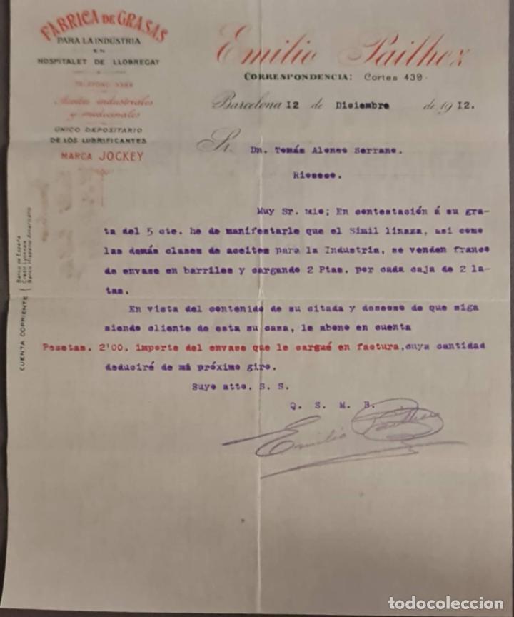 Cartas comerciales: Emilio Pailhez. F&aacute;brica de grasas para la Industria. Barcelona. Espa&ntilde;a 1912