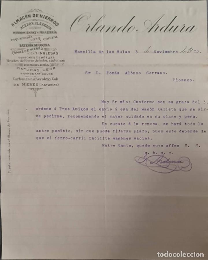 Cartas comerciales: Orlando Ardura. Almac&eacute;n de hierros. Herramientas y Ferreter&iacute;a. Le&oacute;n. Espa&ntilde;a 1912