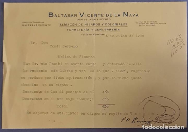 Cartas comerciales: Baltasar Vicente de la Nava. Almac&eacute;n de hierros y coloniales. Ferreter&iacute;a. Ciudad Rodrigo.Espa&ntilde;a 1929