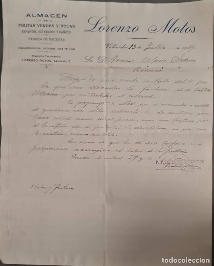 Cartas comerciales: Lorenzo Motos. Almac&eacute;n de frutas verdes y secas. Valladolid. Espa&ntilde;a 1929