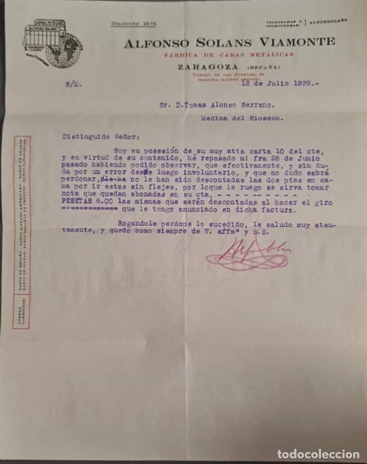 Cartas comerciales: Alfonso Solans Viamonte. F&aacute;brica de camas met&aacute;licas. Zaragoza. Espa&ntilde;a 1929