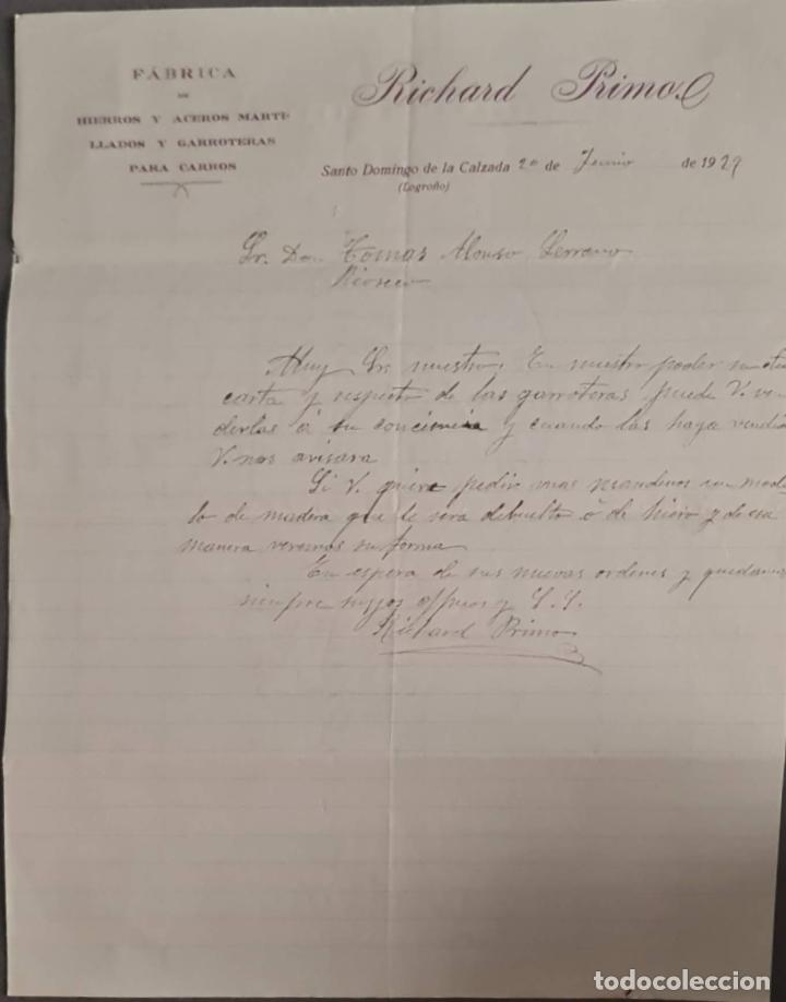 Cartas comerciales: Richard Primo. F&aacute;brica de hierros y aceros martillados. Sto. Domingo de la Calzada. Espa&ntilde;a 1929