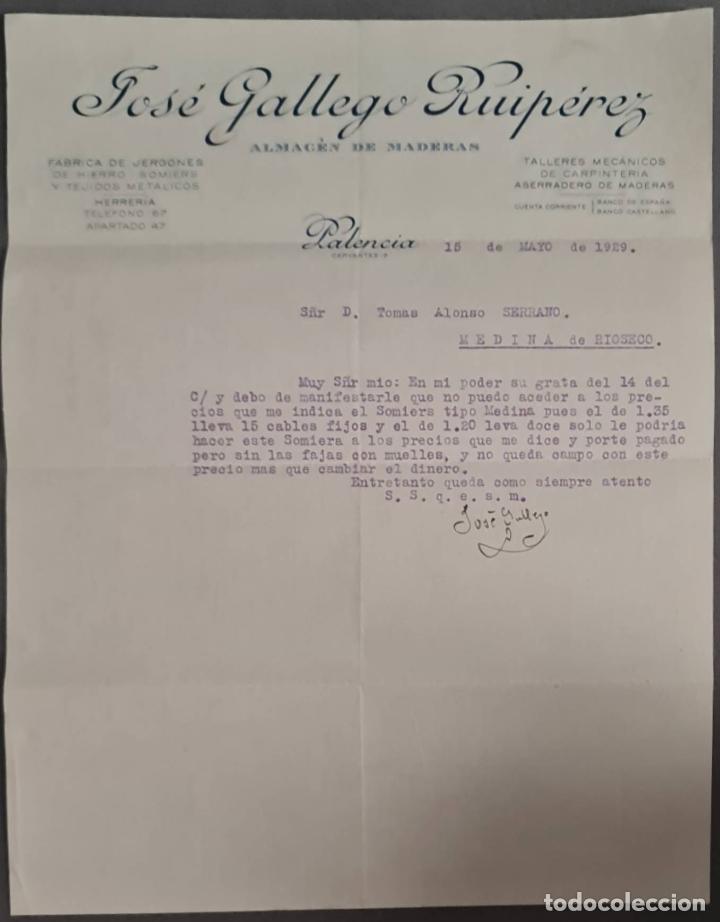 Cartas comerciales: Jos&eacute; Gallego Ruip&eacute;rez. Talleres mec&aacute;nicos de carpinter&iacute;a. Palencia. Espa&ntilde;a 1929