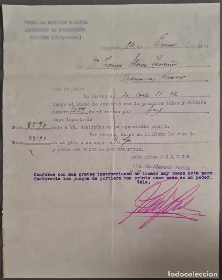 Cartas comerciales: Viuda de Mariano Yurrita. Almacenes de Ferreter&iacute;a. Guip&uacute;zcoa. Espa&ntilde;a 1929