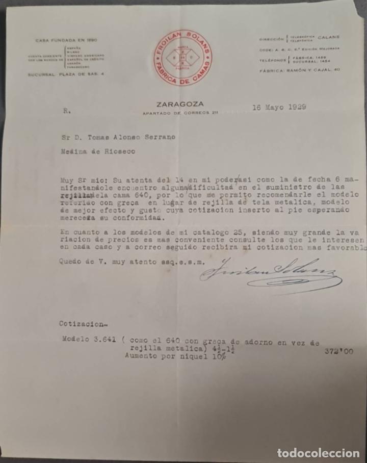 Cartas comerciales: Froilan Solans. F&aacute;brica de camas. Zaragoza. Espa&ntilde;a 1929