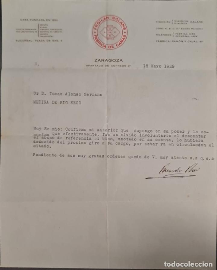 Cartas comerciales: Froilan Solans. F&aacute;brica de camas. Zaragoza. Espa&ntilde;a 1929