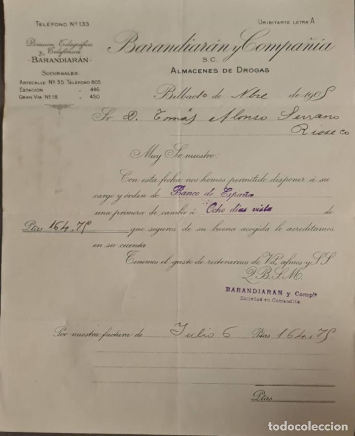 Cartas comerciales: Barandiar&aacute;n y Compa&ntilde;&iacute;a. Grandes Almacenes de drogas y productos farmac&eacute;uticos. Bilbao. Espa&ntilde;a 1905