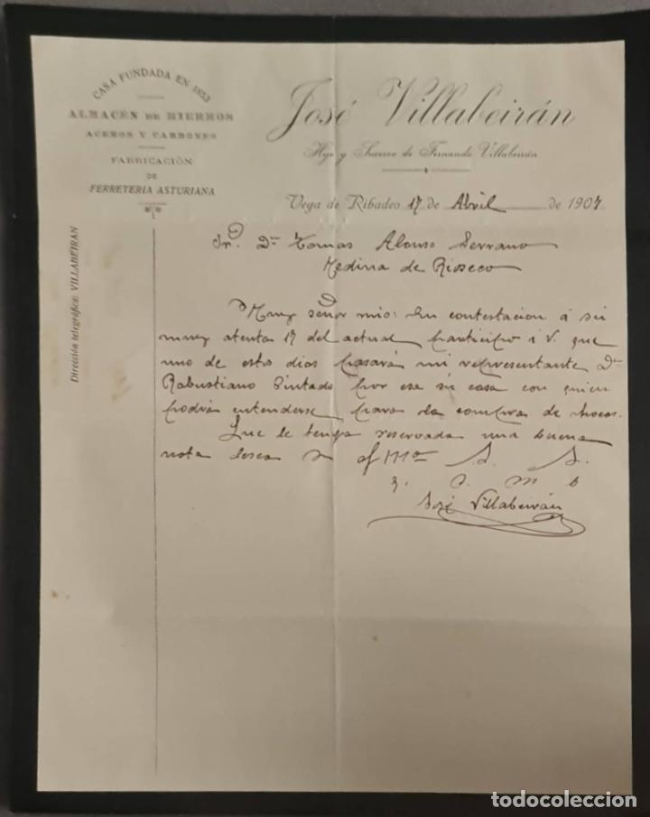 Cartas comerciais: Jos&eacute; Villabeir&aacute;n. Almac&eacute;n de hierros, aceros y carbones. Vega de Ribadeo. Espa&ntilde;a 1907