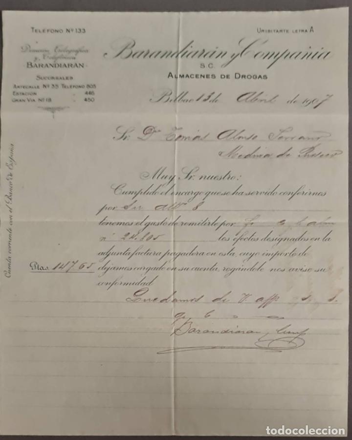 Cartas comerciais: Barandiar&aacute;n y Compa&ntilde;&iacute;a. Grandes Almacenes de drogas y productos farmac&eacute;uticos. Bilbao. Espa&ntilde;a 1907