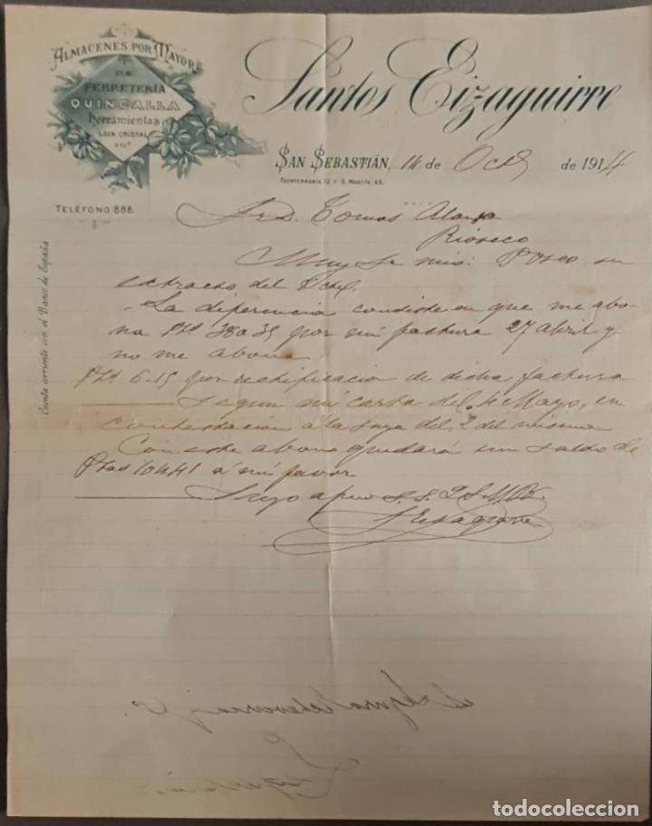 Cartas comerciais: Santos Eizaguirre. Ferreter&iacute;a y Herramientas. San Sebasti&aacute;n. Espa&ntilde;a 1914