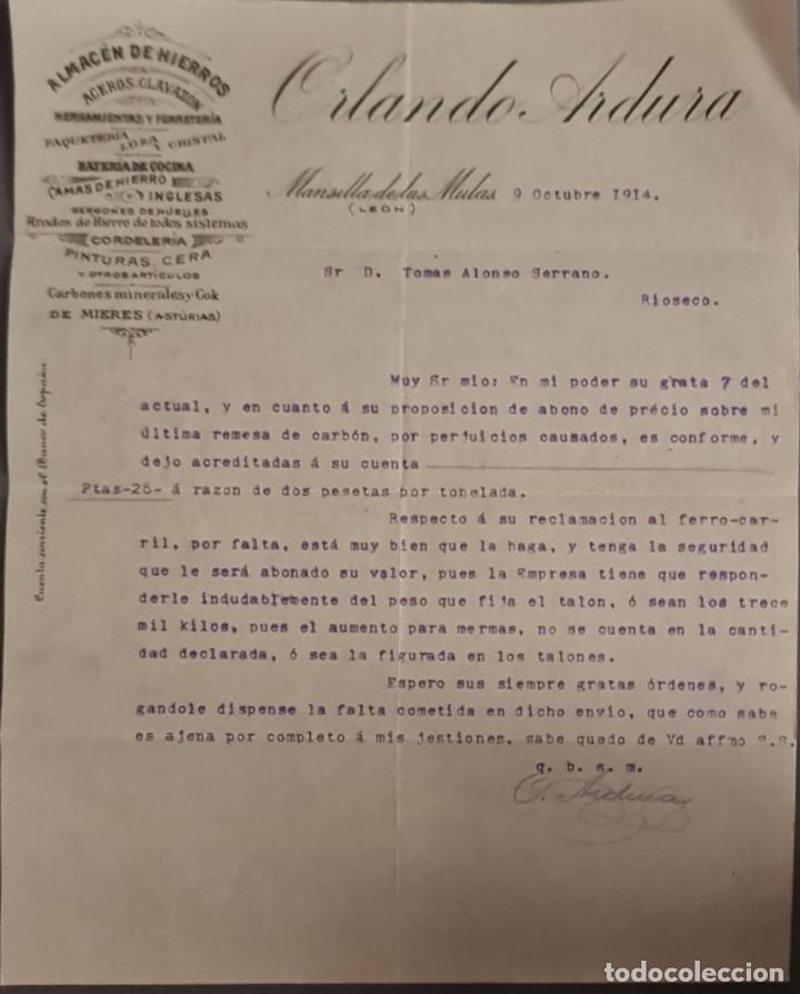 Cartas comerciais: Orlando Ardura. Almac&eacute;n de hierros. Herramientas y Ferreter&iacute;a. Le&oacute;n. Espa&ntilde;a 1914