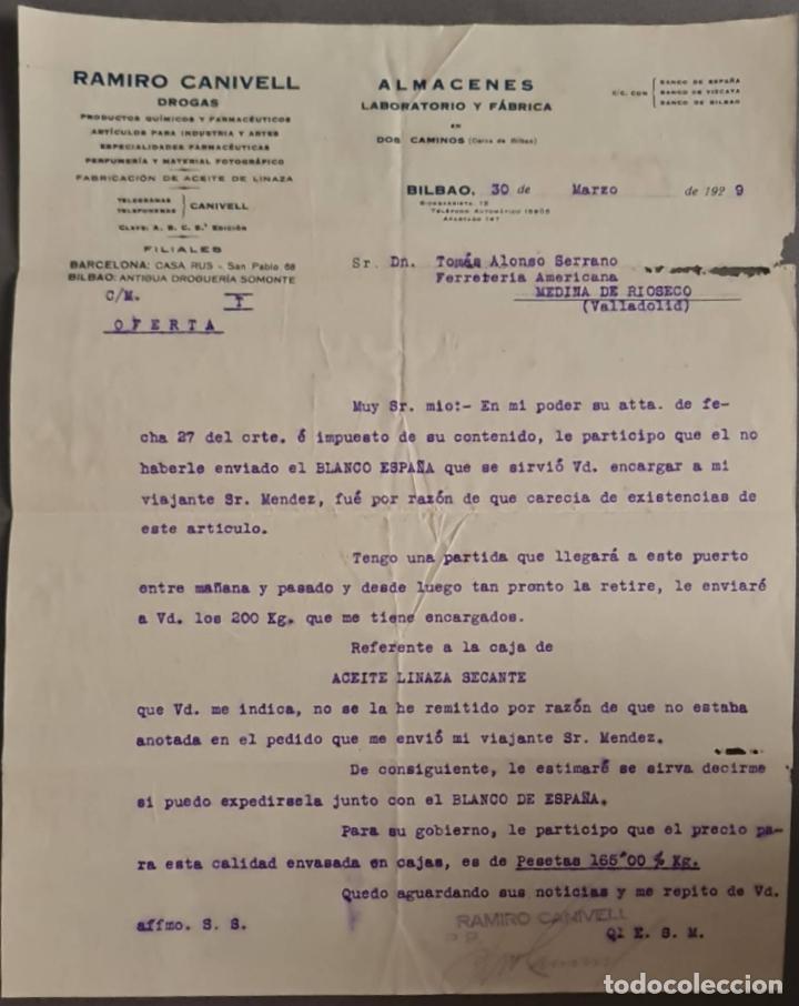 Cartas comerciais: Ramiro Canivell. Drogas, productos qu&iacute;micos y farmac&eacute;uticos. Bilbao. Espa&ntilde;a 1929