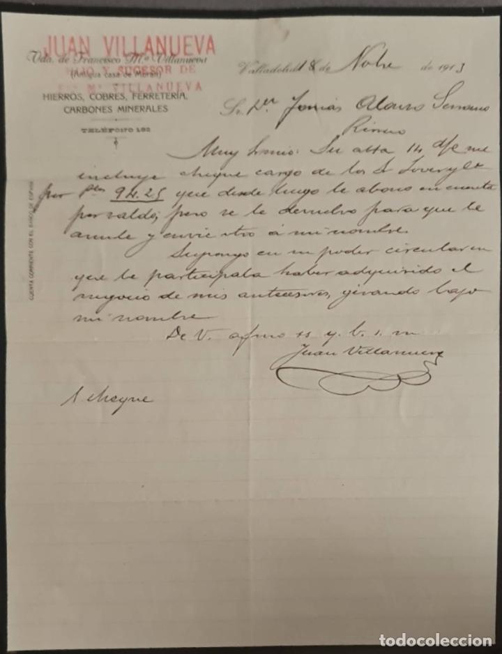 Cartas comerciais: Juan Villanueva. Hijo y sucesor d Fco. M&ordf; Villanueva. Hierros, cobres y Ferreter&iacute;a. Valladolid 1913
