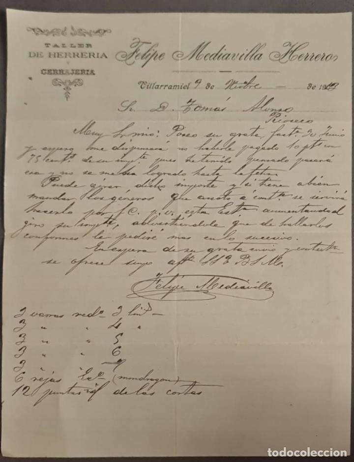 Cartas comerciais: Felipe Mediavilla Herrero. Taller de Herrer&iacute;a y Cerrajer&iacute;a. Villarramiel. Espa&ntilde;a 1913