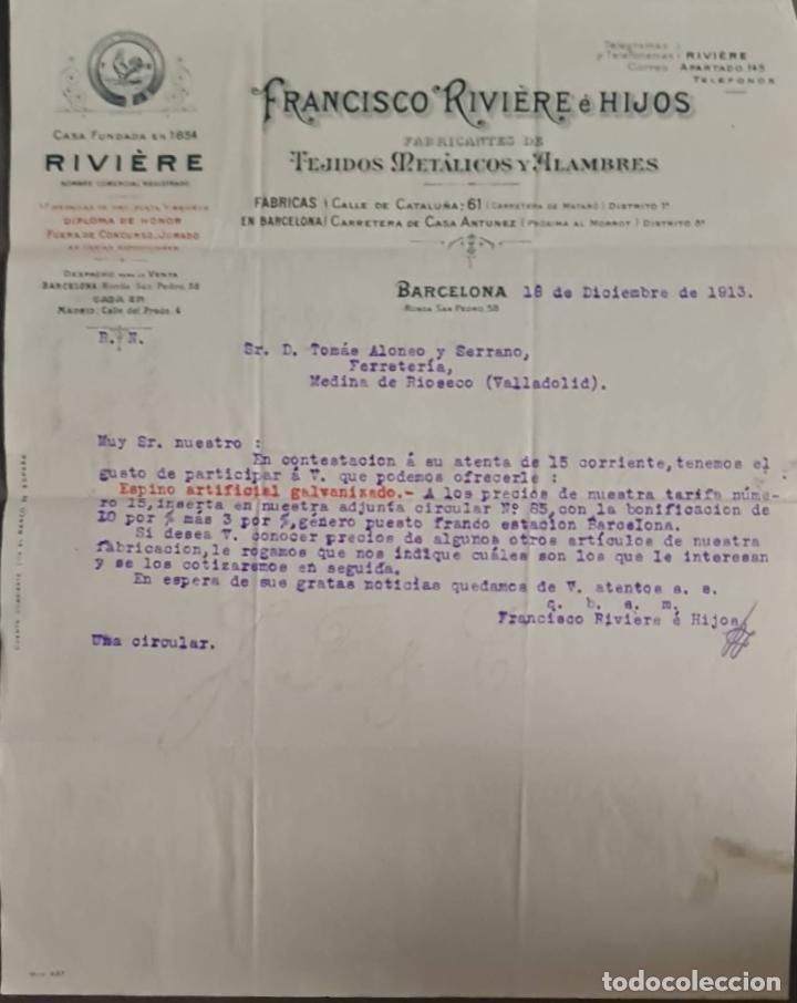 Cartas comerciais: Franc&iacute;sco Rivi&eacute;re e Hijos. Tejidos met&aacute;licos y alambres. Barcelona. Espa&ntilde;a 1913