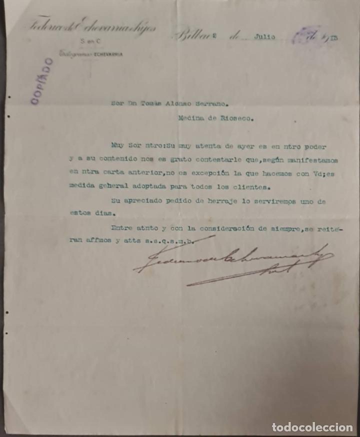 Cartas comerciales: Federico de Echevarr&iacute;a &eacute; hijos. S. en C. Fabricantes de herraduras y clavos. Bilbao. Espa&ntilde;a 1913