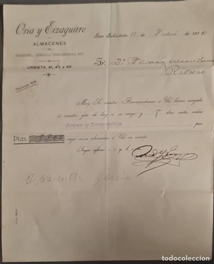 Cartas comerciais: Oria y Eizaguirre. Almacenes por Mayor. San Sebasti&aacute;n. Espa&ntilde;a 1910