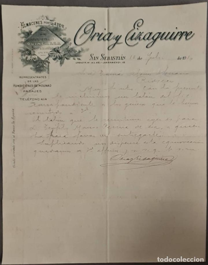 Cartas comerciais: Oria y Eizaguirre. Almacenes por Mayor. San Sebasti&aacute;n. Espa&ntilde;a 1910