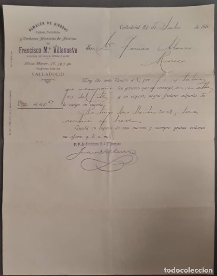 Cartas comerciais: Franc&iacute;sco M&ordf; Villanueva. Almac&eacute;n de hierros, cobres y Ferreter&iacute;a. Valladolid. Espa&ntilde;a 1910