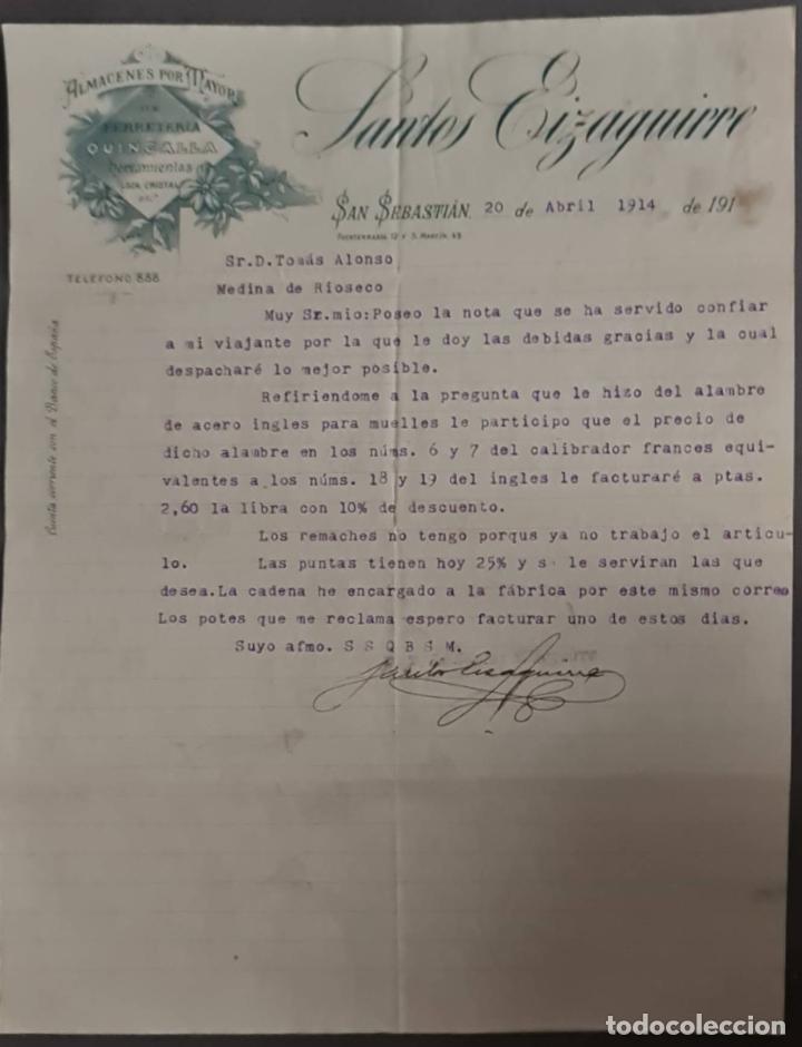 Cartas comerciais: Santos Eizaguirre. Ferreter&iacute;a y Herramientas. San Sebasti&aacute;n. Espa&ntilde;a 1914