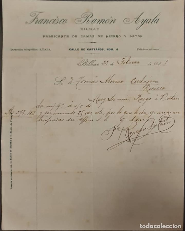 Cartas comerciais: Franc&iacute;sco Ram&oacute;n Ayala. Fabricante de camas de hierro y lat&oacute;n. Bilbao. Espa&ntilde;a 1905